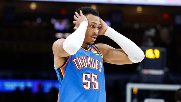 Thunder forward Darius Bazley reacts after a foul call.